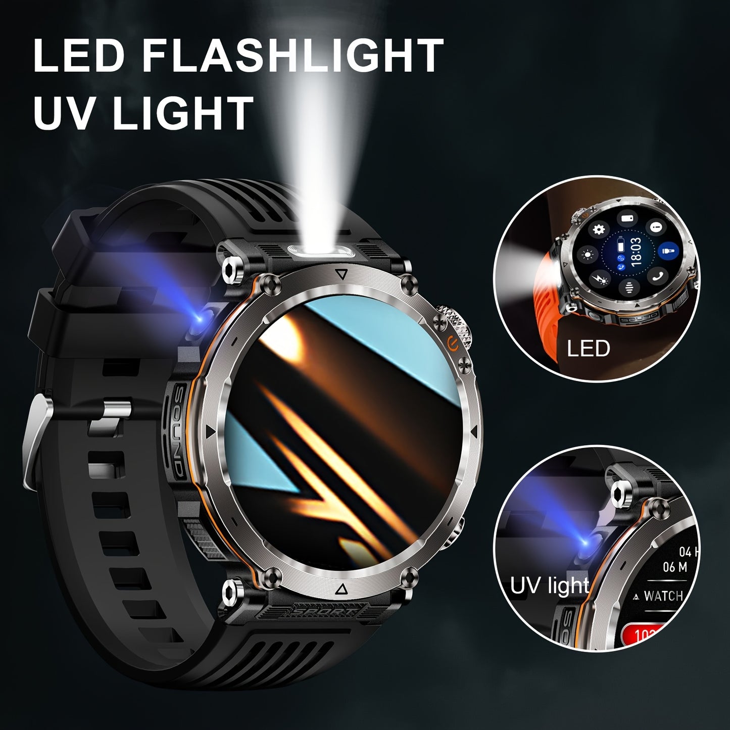 Men's Sports Smart Bracelet Watch for Men And Women (Answer/Make Call), 1.7" IPS Round Full Screen Fitness Tracker with Flashlight, Compass, 100+ Sport Modes