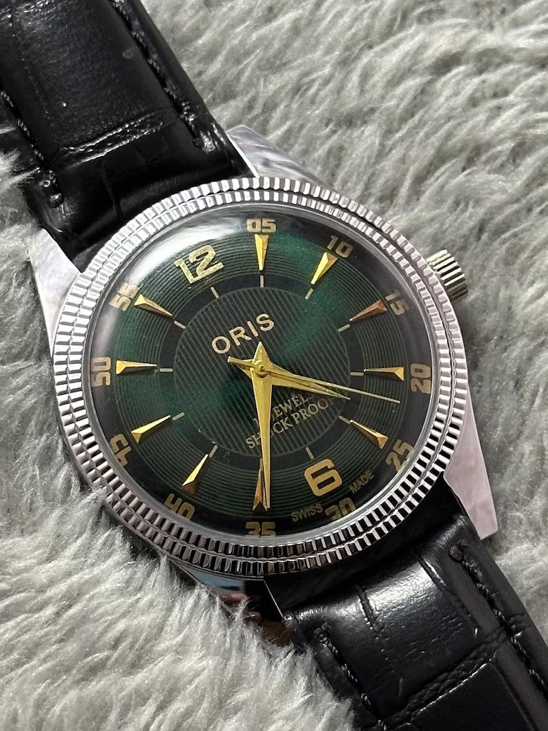 Vintage Rare ORIS Green Dial Hand Winding Wrist watch Men'S Gents FHF Movement ST-96 Swiss